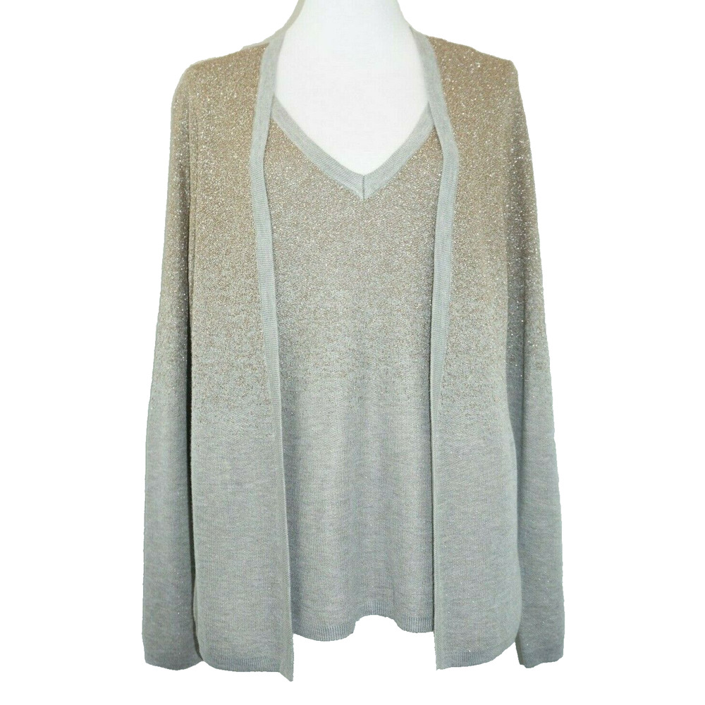 NWT Kim Rogers Womens Sweater Gold Gray Metallic Ombre Attached Tank Cardigan